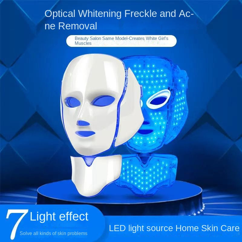 NeoTelle LED mask showing the 7 color light therapy modes and their skincare benefits