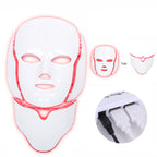 NeoTelle LED light therapy mask being worn on the face and neck