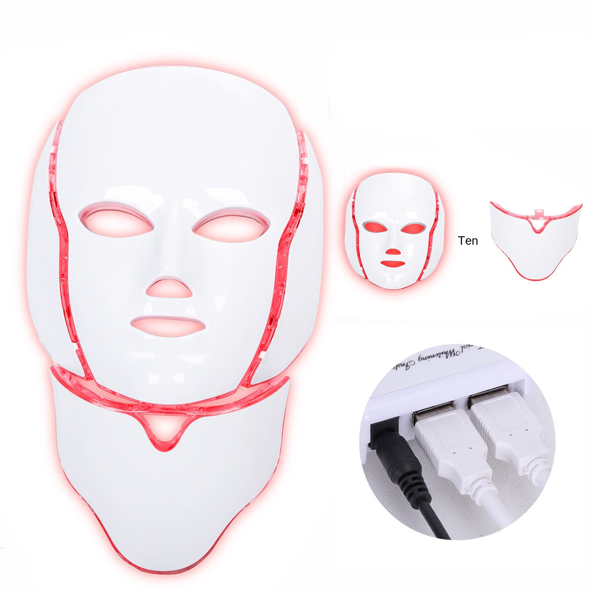 NeoTelle LED light therapy mask being worn on the face and neck