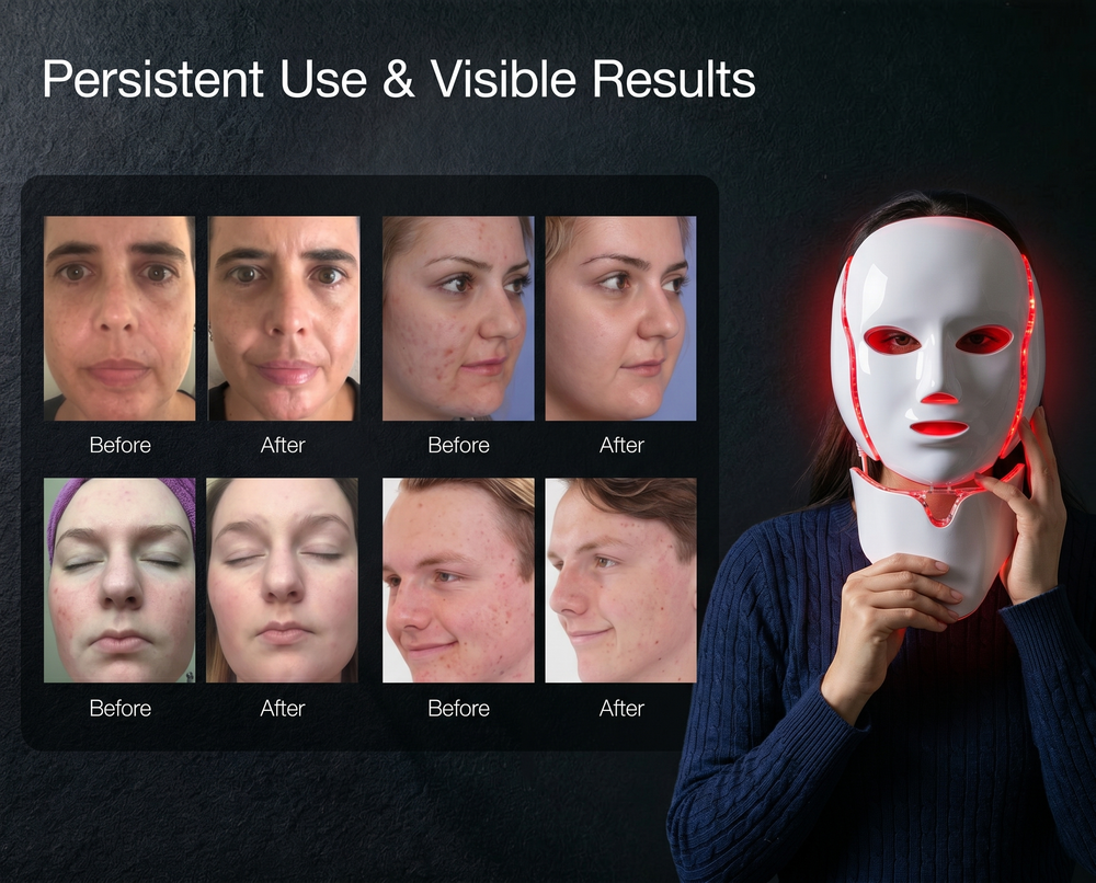 Before and after results of using the NeoTelle LED therapy mask