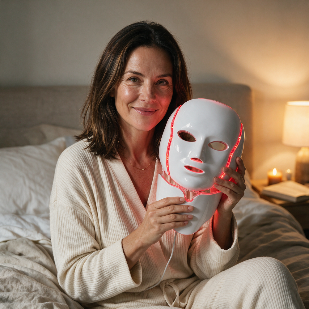 Woman in her 40s holding the glowing NeoTelle Spectra LED mask in a warm candlelit bedroom