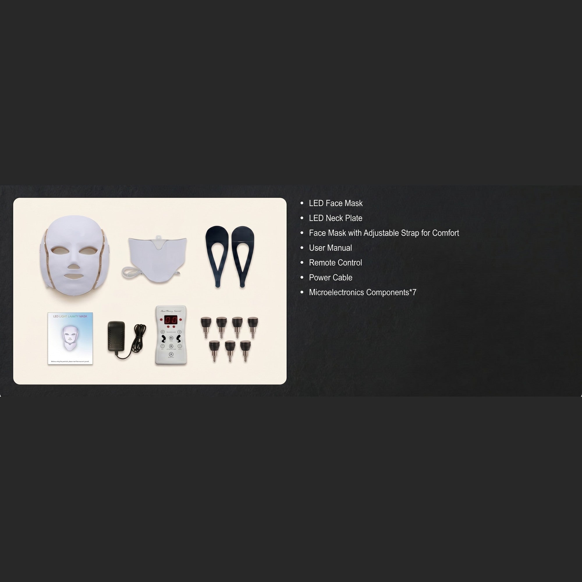 What's included with the NeoTelle Spectra: LED face mask, LED neck plate, remote, adjustable strap, power adapter, manual and accessories